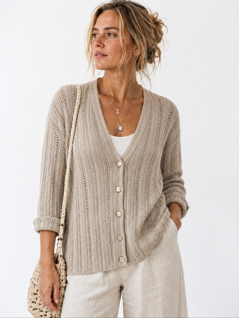 Vintage Talbots Beige Cable Knit Cardigan XL Cotton Fisherman Coastal Neutral‎